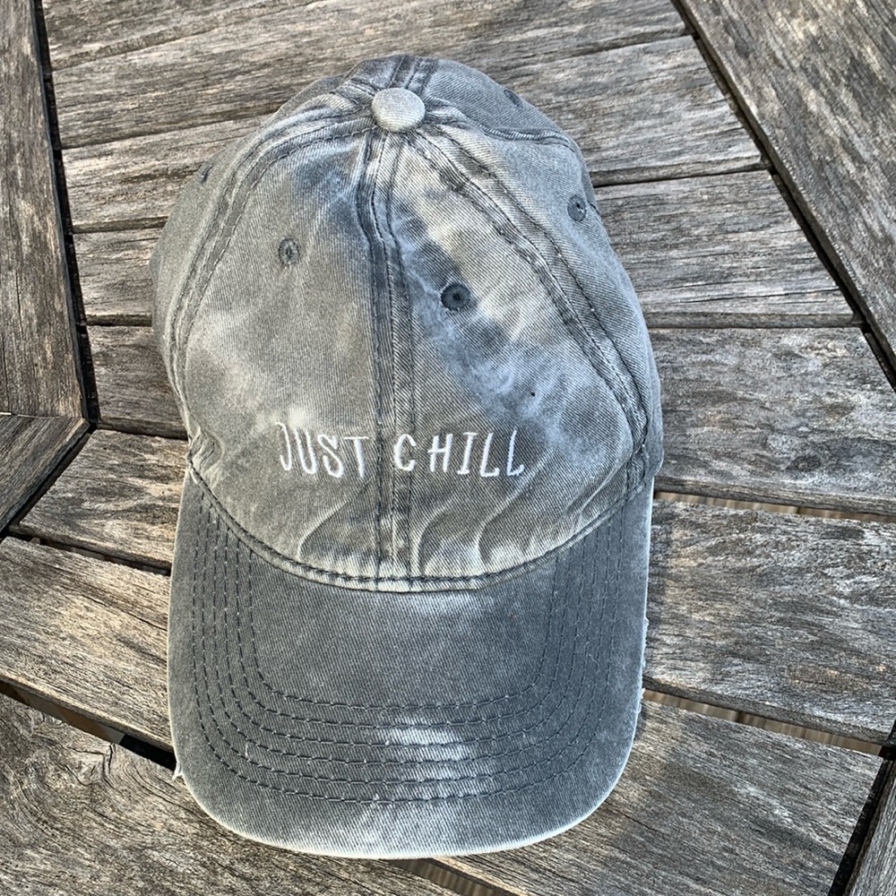 Just Chill Ballcap from altar’d state. Gray. All material. Buckle adjusts/7.5”. 